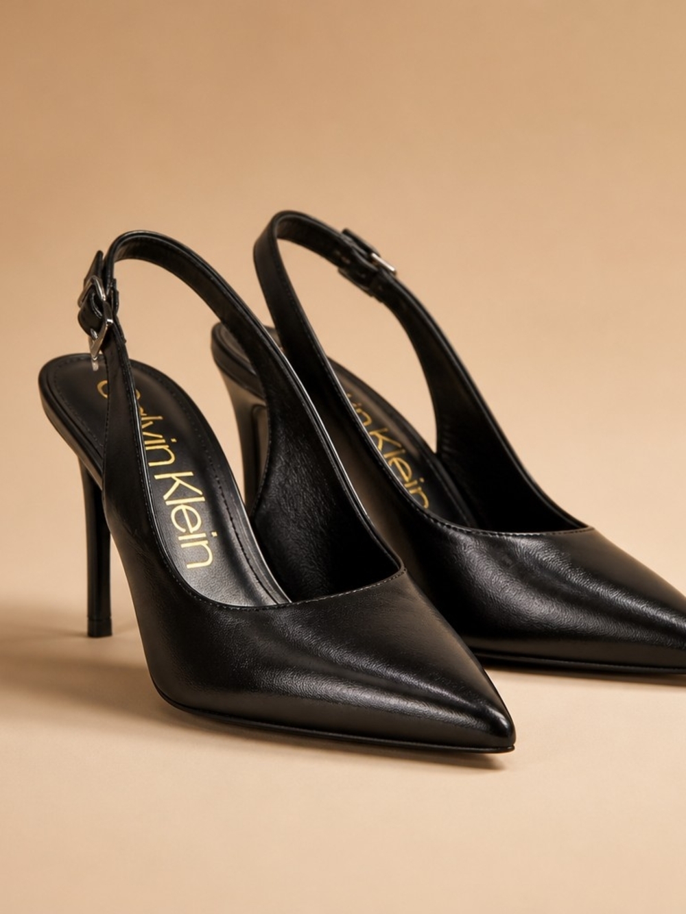 Calvin Klein Black Leather Pointed Slingback Heels